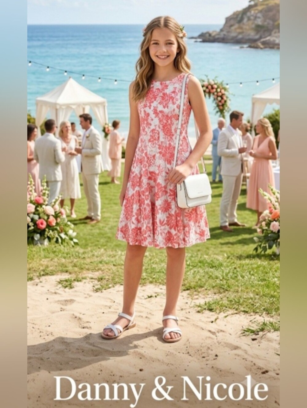 Danny & Nicole Coral Pink and White Sleeveless Floral Lace Overlay Dress!!!